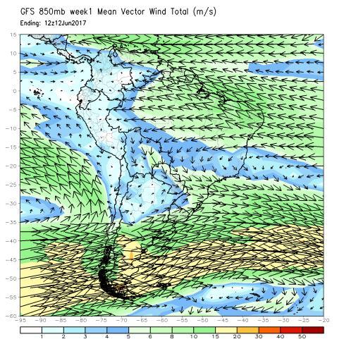 As chuvas vão continuar concentradas no Sul do Brasil durante esta semana, principalmente na bacia do Uruguai e Jacuí, com os ventos médios se direcionando da região Centro-Oeste para o Sul tendendo