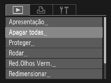 Apagar Todas as Imagens É possível apagar todas as imagens em simultâneo. Uma vez que as imagens apagadas não podem ser recuperadas, tenha cuidado antes de apagar. As imagens protegidas (pág.