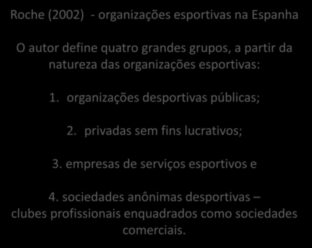 Roche (2002) - organizações esportivas na Espanha O autor define quatro grandes grupos, a partir da natureza das organizações esportivas: 1.