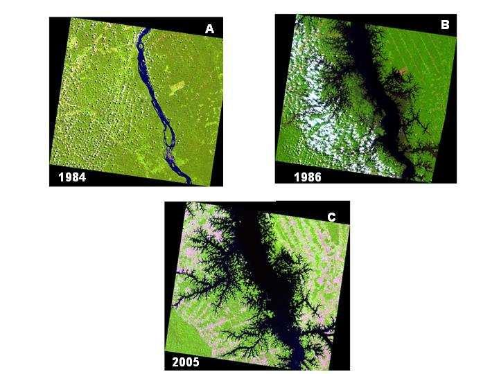 Figura 2 Imagem de satélite mostrando o trecho do rio Tocantins antes da formação do Reservatório de Tucuruí: (A) o processo de