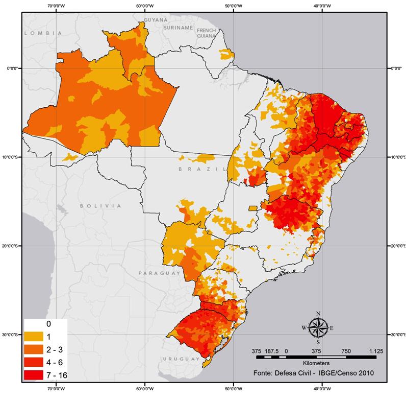 DESASTRES NATURAIS NO BRASIL Mapa 3 - Decretos de situação de emergência e decretos de calamidade pública para eventos