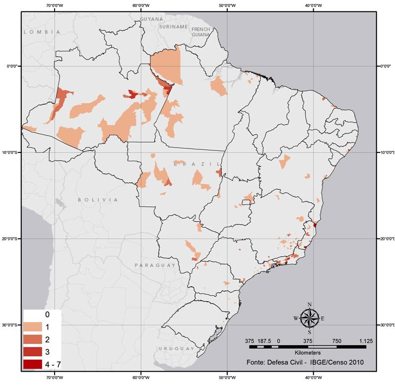 DESASTRES NATURAIS NO BRASIL Mapa 5 - Decretos de situação de emergência e decretos de calamidade pública para eventos