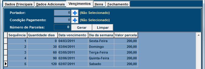 Caso seja definida uma condição de pagamento especial, o campo quantidade de parcelas se tornará editável para definição da quantidade de parcelas desejadas.