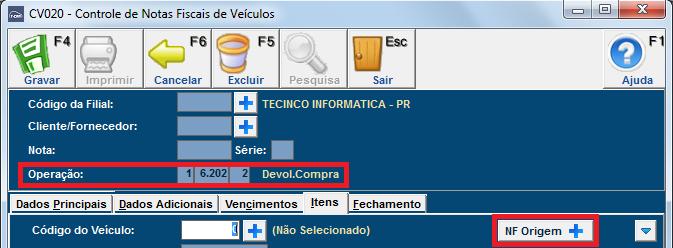 A seleção dos itens também pode ser feita com auxilio dos botões e, sendo que quando utilizado o botão Marcar Todos da Nota, todos os itens terão o campo Devolver definido como SIM.