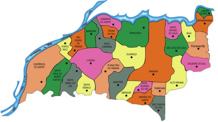 Mirador, Nova Aliança do Ivaí, Nova Londrina, Paraíso do Norte, Paranacity, Paranapoema, Paranavaí, Planaltina do Paraná, Porto Rico, Querência do Norte, Santa Cruz do Monte Castelo, Santa Isabel do