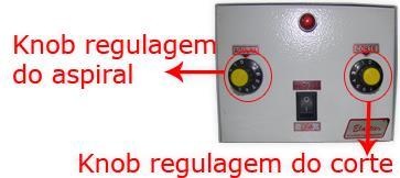 Regulagem da Temperatura do Aspiral Para regular a temperatura do aspiral, temos na base da bancada um pirógrafo com dois dimmers, o da direita é ligado ao corte, e o da esquerda é o do aspiral ou