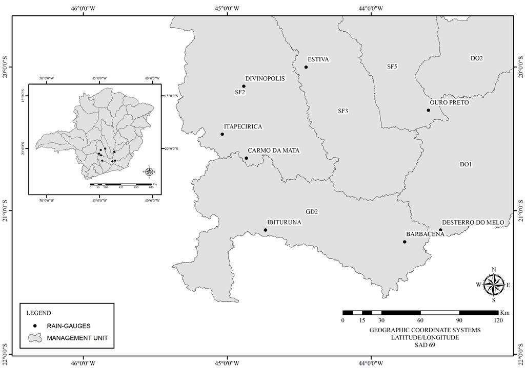 Performance of the probability distribution... 337 Figure Location of the rain gauges studied in Minas Gerais state.