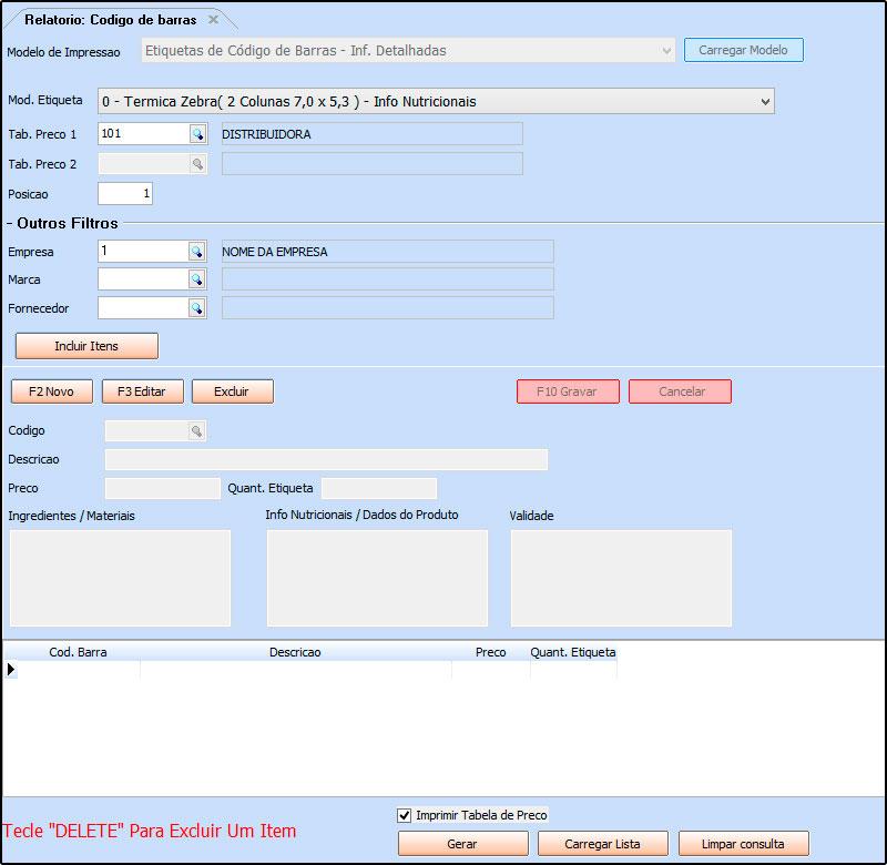 Etiquetas de código de barras com informações detalhadas e específicas. Para isso, acesse o caminho indicado acima e o sistema abrirá a tela abaixo: Mod.