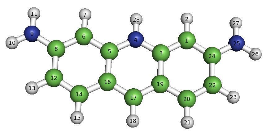 4.2.4 Proflavine, Proflavine Reduzida e os complexos, por elas formados, com o ADN d(cgatcg) (18) (19) (43) Figura 32 Estrutura da Proflavine (esquerda) e da Proflavine Reduzida (direita) após a