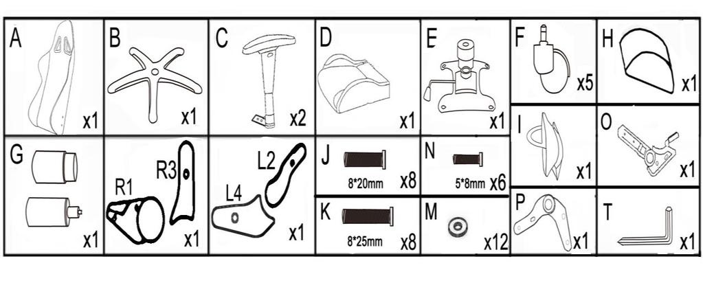 Dimensões da Cadeira Conteúdo da embalagem A) 1x Encosto para as costas B) 1x Base da cadeira em estrela C) 2x Braços D) 1x Base do assento E) 1x Mecanismo da cadeira F) 5x Rodas G) 1x Pistão de