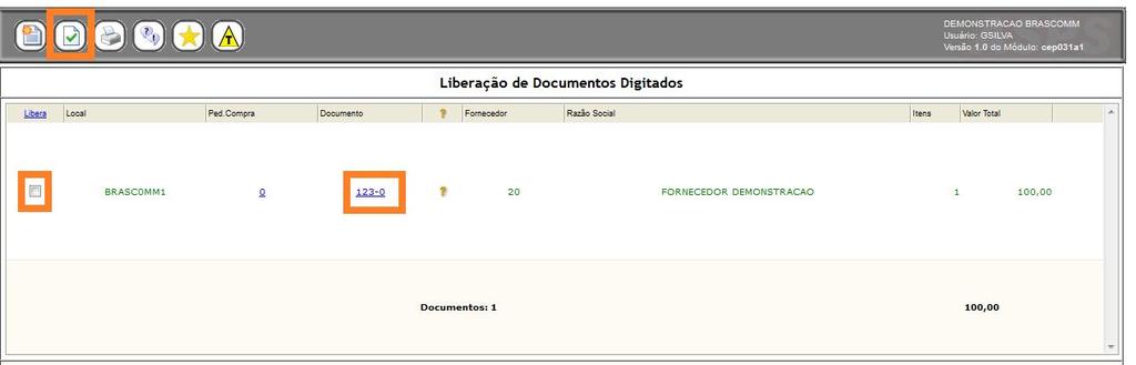 Liberação de Documentos Digitados. Como vemos no exemplo acima, o documento está na cor verde, porém, caso haja alguma inconsistência na digitação do documento, ele estará na cor vermelha.