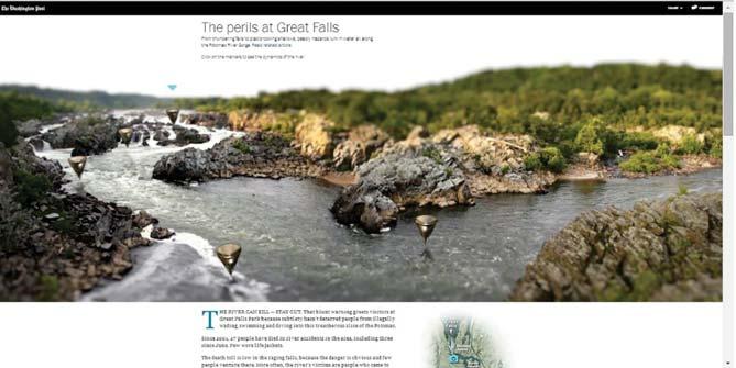 Figura 7 Desenho de interface da grande reportagem multimídia The Perils at Great Falls, do The Washington Post, 2013, produzida com