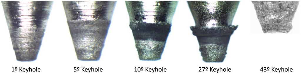 superficial da raiz (e) macrografia do cordão. Figura 4. Desgaste do eletrodo da tocha Infocus (EWLa-1.5) depois de 43 juntas de 27 cm utilizando 520 A de corrente.