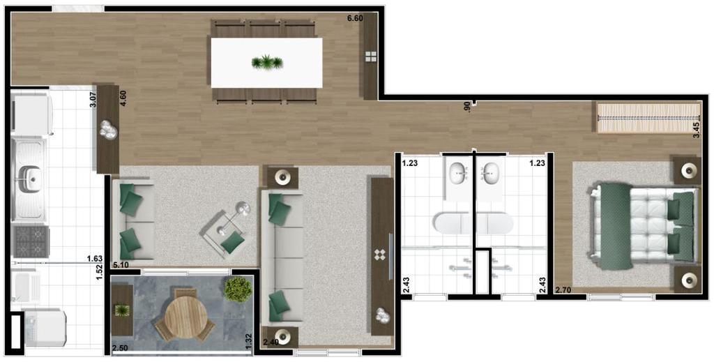 Planta 64m² - LIVING AMPLIADO Material sujeito a alteração