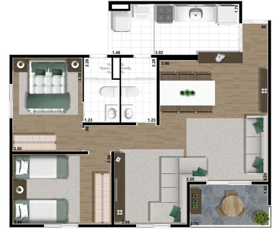 Planta 69m² - LIVING AMPLIADO Material sujeito a alteração