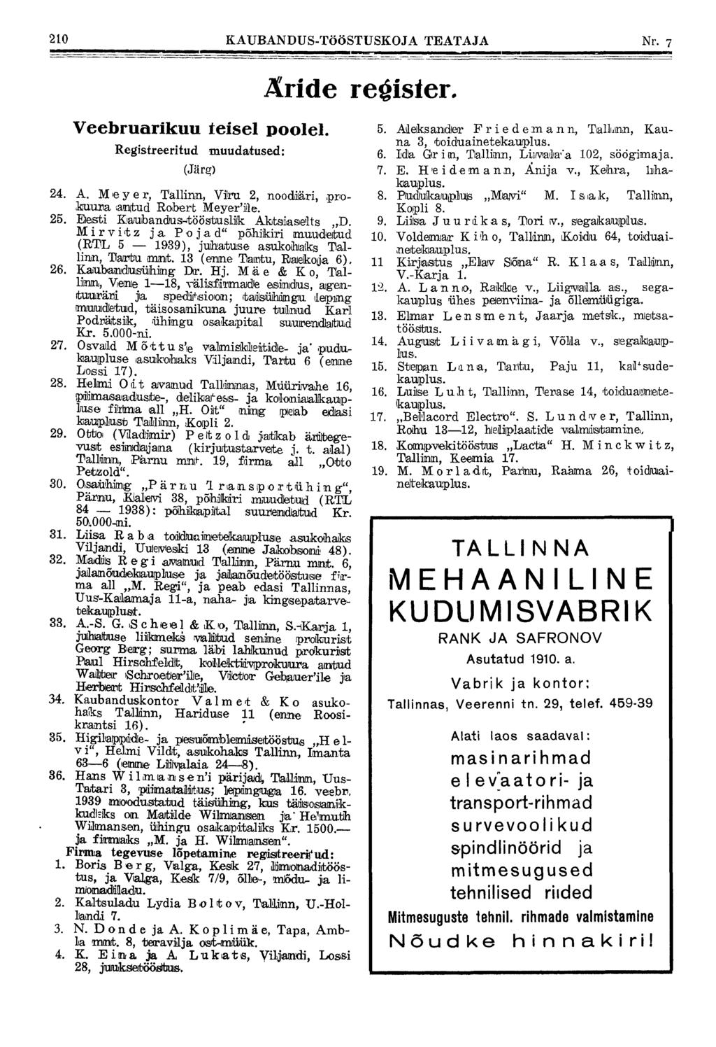 210 KAUBANDUS-TÖÖSTUSKOJA TEATAJA Nr. 7 Veebruarikuu teisel poolel. Registreeritud muudatused: (Järg) Äride register. 24. A. Meyer, Tallinn, Viru 2, noodiiäri, prokuurta anitud Robert Meyer'ile. 25.