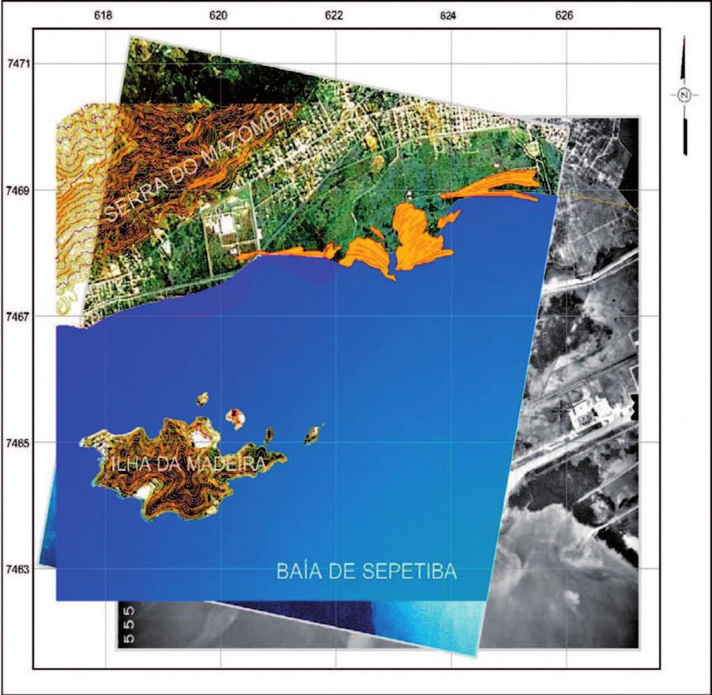BAÍA DE SEPETIBA - ESTADO DA ARTE Figura 18 Mapa de localização dos dados geocronológicos e sugestões de posicionamentos da linha de costa (linha amarela) nos últimos 6.000 anos A.P. Figura 19 Mapa paleogeográfico da planície costeira de Itaguaí entre 3.