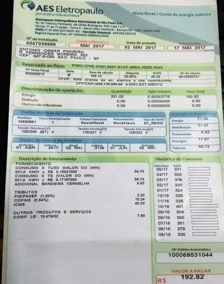 CONSUMO ESTIMADO Conta de luz Mês Wh mai/17 331000 abr/17 329000 mar/17 305000 fev/17 288000 jan/17 324000 dez/16