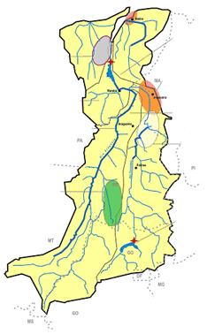 Bacias Hidrográficas REGIÃO HIDROGRÁFICA DO TOCANTINS-ARAGUAIA A Região Hidrográfica do Tocantins- Araguaia apresenta grande potencialidade para a agricultura irrigada, especialmente para o cultivo
