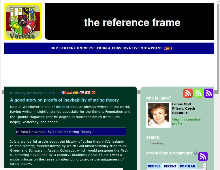 4. Blog: The Reference Frame link Autor: físico com alta credibilidade, posicionamento muito favorável ao tema; Público-alvo: físicos, exatas; Dinâmica de interação com o leitor: intenção de
