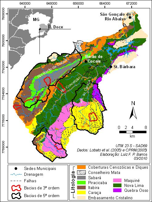 cambrianas, são comuns na bacia do Rio Conceição coberturas recentes, em sua maioria depósitos aluviais e cangas (PARRA et al., 2007), além de diques de diabásio.