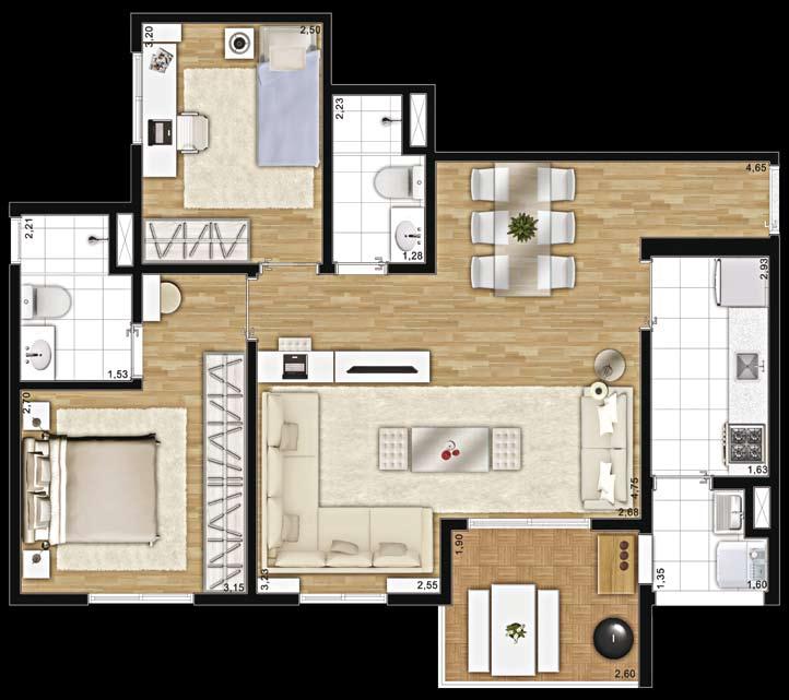 73 m 2 Privativos 3 Dormitórios (1 Suíte) Planta Tipo 2 Dormitórios (1 Suíte) Opção com Sala Ampliada Ilustração artística da planta de 73 m² (planta tipo) - Torres Violeta e Girassol Perspectivas