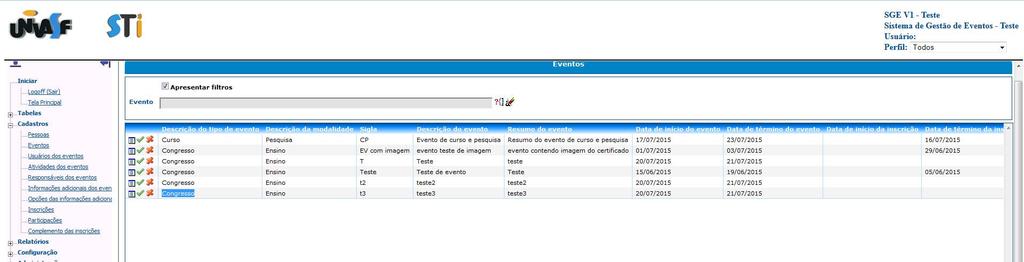 9.2 Cadastro Eventos a seguinte tela: Clicando-se no menu Cadastros e no submenu Eventos, será aberta Nessa tela serão listados os eventos já cadastrados no sistema.