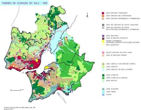 Figura 6 Padrões de Ocupação do Solo na AML (1995) 6 Fonte: PROT-AML, 2002 No Oeste e Vale do Tejo, onde as áreas edificadas não ultrapassam os 10% no quadro regional, à excepção das sedes de