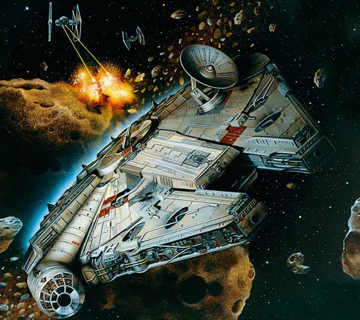 CONSTRUÇÃO NOS BASTIDORES: MILLENNIUM FALCON No segundo esboço do guião do filme Uma Nova Esperança, escrito em 1975, George Lucas descreveu uma nave pirata em que Han Solo serviu a bordo, juntamente