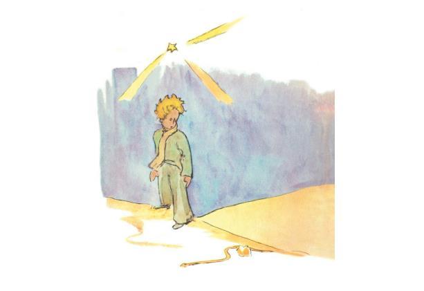 [Início da descrição da imagem] O pequeno príncipe, em pé sobre a areia do deserto,