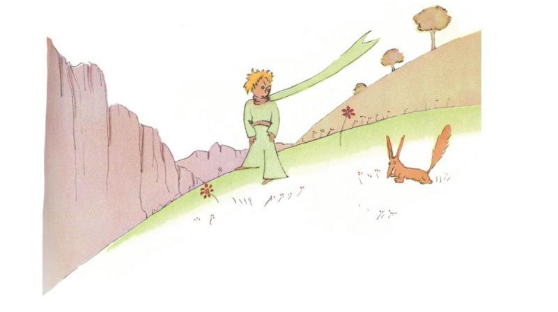 [Início da descrição da imagem] O pequeno príncipe está em pé e de frente, no centro da ilustração, sobre um