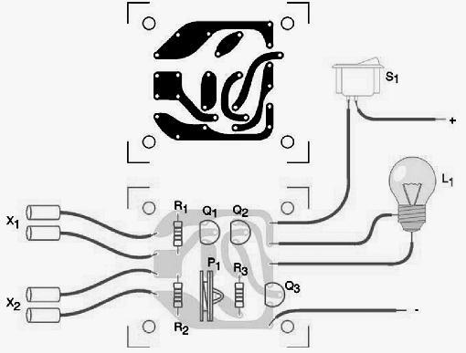 Desenho técnico de um esquema eletrônico. Desenho técnico da montagem usando uma placa de circuito impresso.