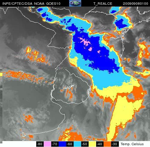 Figura 1:Imagem do satélite do GOES-10 do canal infravermelho, dos seguintes horários: 00 Z, 01 Z e 02 Z do dia 08/09/2009.