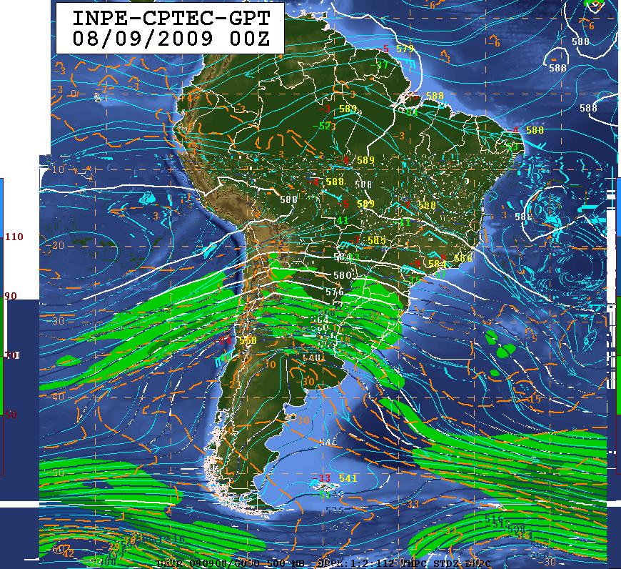 Na Figura 2, nota-se a carta de nível médio (2b) e de altitude (2c) das 00Z do dia 08/09/2009.