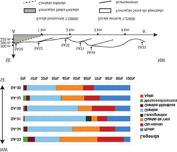 Godinho, L. P. S. et al. Figura 9. Seção geológica A-A, com exagero vertical de 2x, e gráfico de porcentagem de seixos por sítios de amostragem.