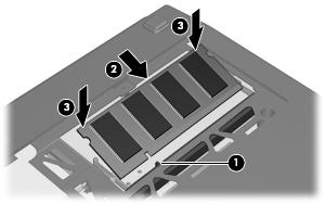 10. Introduzir um módulo de memória: a. Alinhe a extremidade dentada (1) do módulo de memória com a aba da ranhura do módulo de memória.