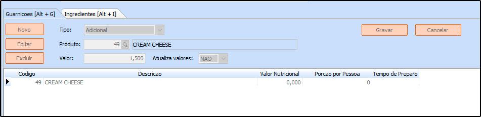 Aba Ingredientes: Na aba de Ingredientes é possível indicar os produtos utilizados na composição da porção ou