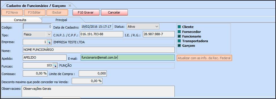 controlar as informações dos colaboradores, e também para indicar os garçons. Tal informação será utilizada posteriormente no sistema para controle de vendas.