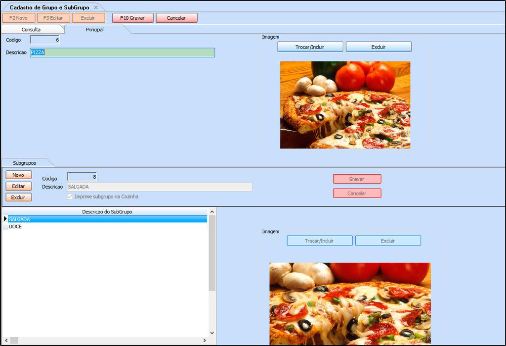 Após isso o sistema vai abrir a tela para iniciar o cadastro e então preencha os seguintes campos: Grupo: Digite a descrição conforme o exemplo, Pizza. Sub Grupos: Clique em Novo para inserir.
