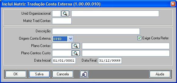 Não será permitido o cadastro de registros com a mesma conta contábil, centro de custo e unidade de negócio com contas externas diferentes, em matrizes diferentes e que pertencem a uma mesma faixa