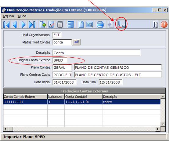 Clicar no botão Importar Plano SPED.