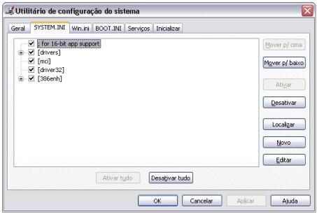 Na guia SYSTEM.INI é possível ver todos os arquivos que o sistema inicializa, como fontes, gerenciador de memória, etc.