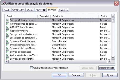 A guia Serviços permite gerenciar todos os serviços que são inicializados com o sistema, a maioria pertence ao próprio sistema operacional, outros são instalados junto com algum software.