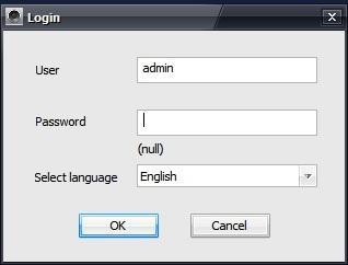 Após a instalação do software, aparecerá a tela de login do sistema. Altere o idioma para inglês e nos campos user preencha com admin e password deixe em branco.