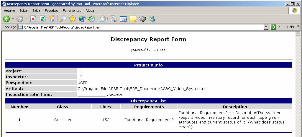 Formulário de Relato de Discrepância PBR Tool PBR Tool Arquivo de Saída XML Momento da
