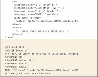 (H-Anim, DIS, NURBS, etc) Component Statements Dizem ao browser que ele precisa orover suporte a um componente específico, em um nível específico.