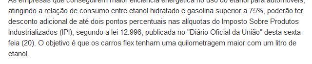 do Etanol: 75% em relação à