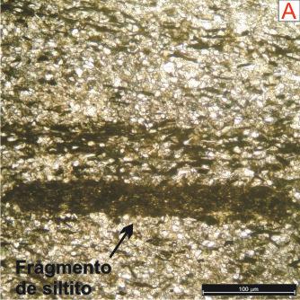 57 Fotos 28 A e B: Fragmento de siltito marrom identificado em quartzarenito micáceo muito fino calcífero (Foto A: Nicóis paralelos e Foto B: Nicóis cruzados - Objetiva de 10x).