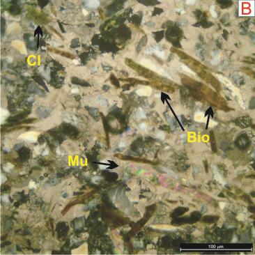 (biotita, muscovita) e a clorita bem preservada (Foto A: Nicóis paralelos e Foto B: Nicóis cruzados - Objetiva de 10x).